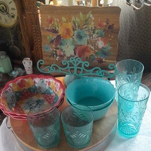The Pioneer Woman Turquoise Glasses and Floral Bowl Set